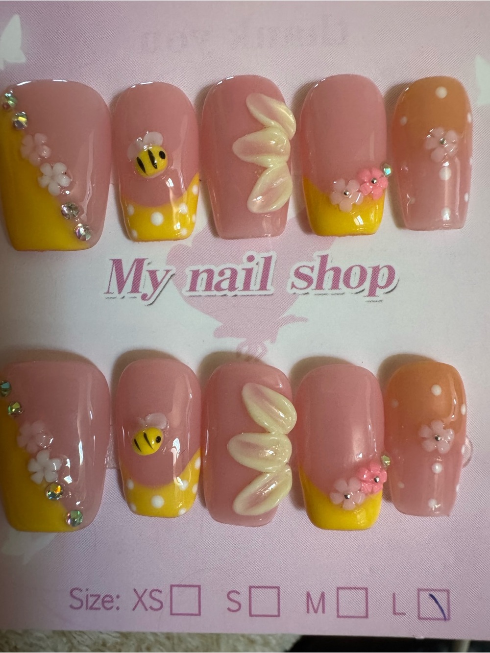 Pink Yellow Bee Floral 3D Press-On Rhinestone Nails (Short Squoval)